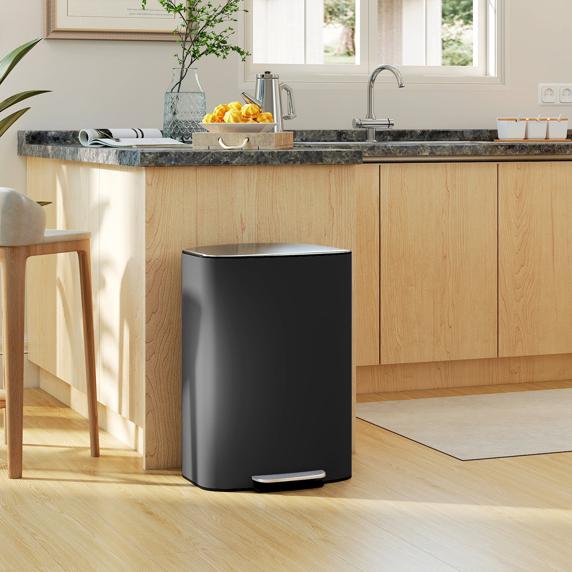 HOMCOM 50L Kitchen Bin with Soft-Close Lid and Stay-Open Function, Stainless Steel Pedal Bin with Removable Inner Bucket, Carry Handle for Kitchen, Office, Home, Black 