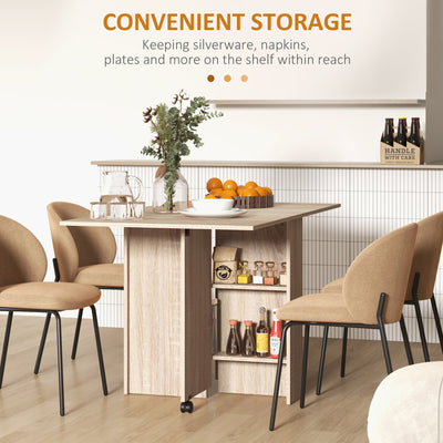HOMCOM Folding Dining Table, Drop Leaf Table for Small Spaces with 2-tier Shelves, Small Kitchen Table with Rolling Casters, Natural 