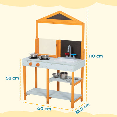 AIYAPLAY Mud Kitchen for Kids, Outdoor Wooden Play Kitchen with Sink, Stove, Cookware, Shelves, Pretend Play Toy for Ages 3-8 