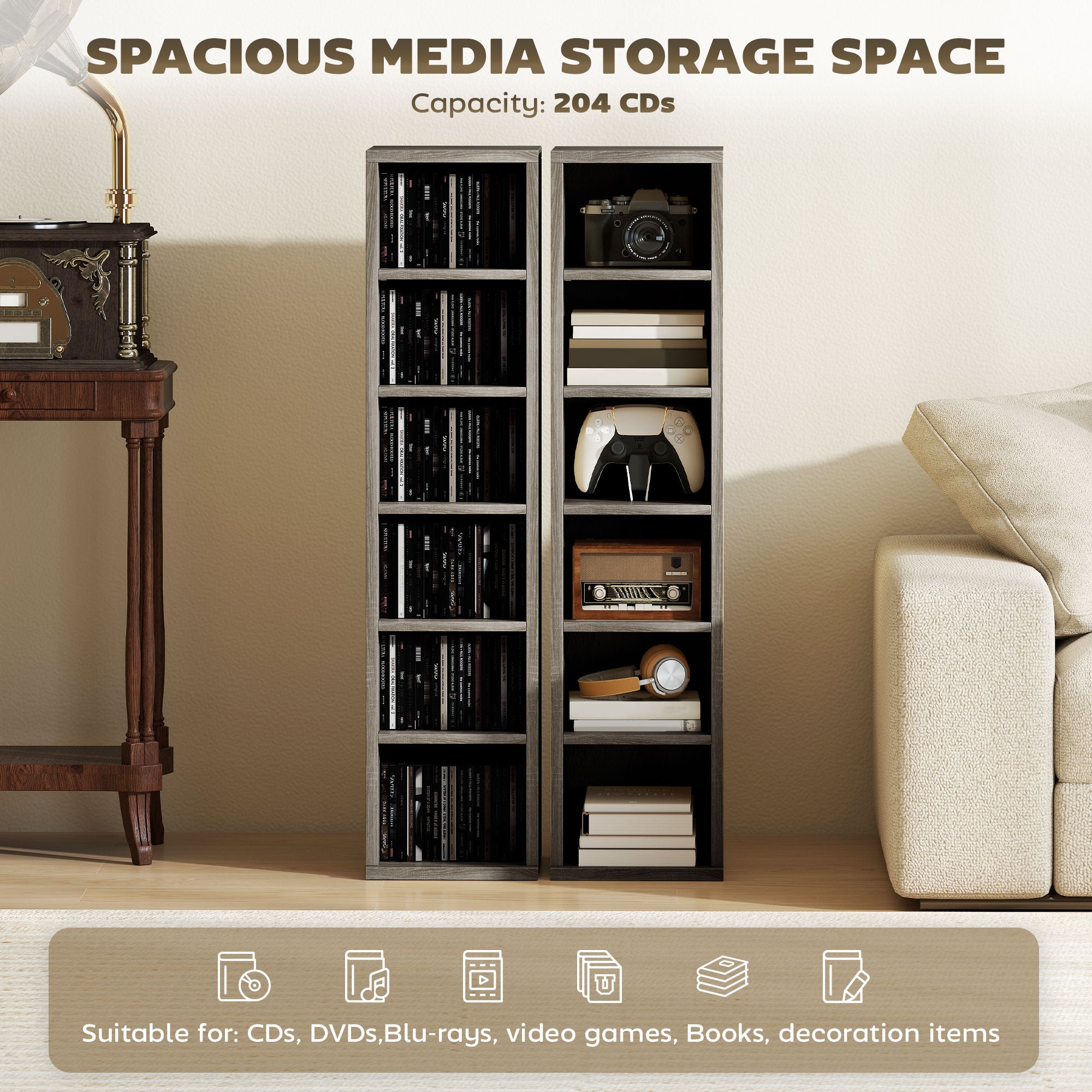HOMCOM Set of 2 CD Media Display Shelf Unit Tower Rack with Adjustable Shelves, Distressed Grey 