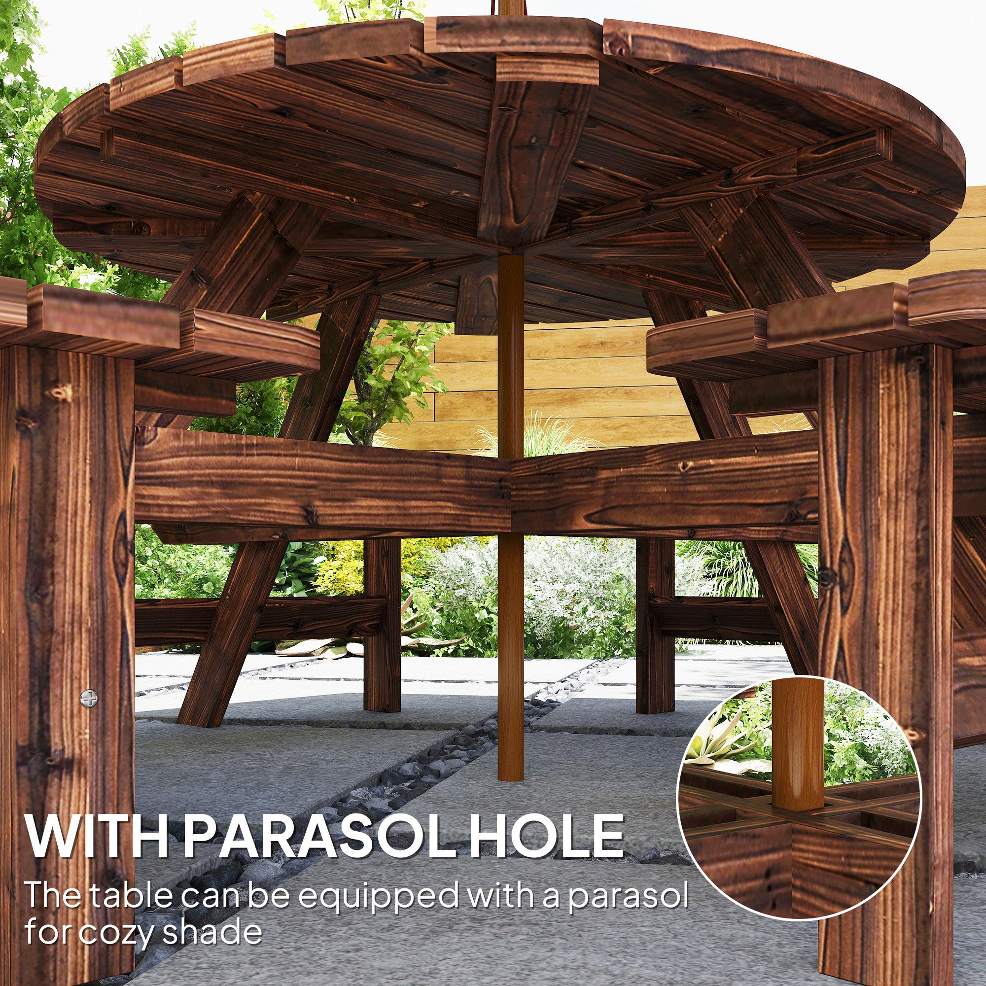 Outsunny Wooden Garden Dining Set, 8 Seater Patio Furniture Set with Round Picnic Table, Parasol Hole for Outdoor Garden, Tan 
