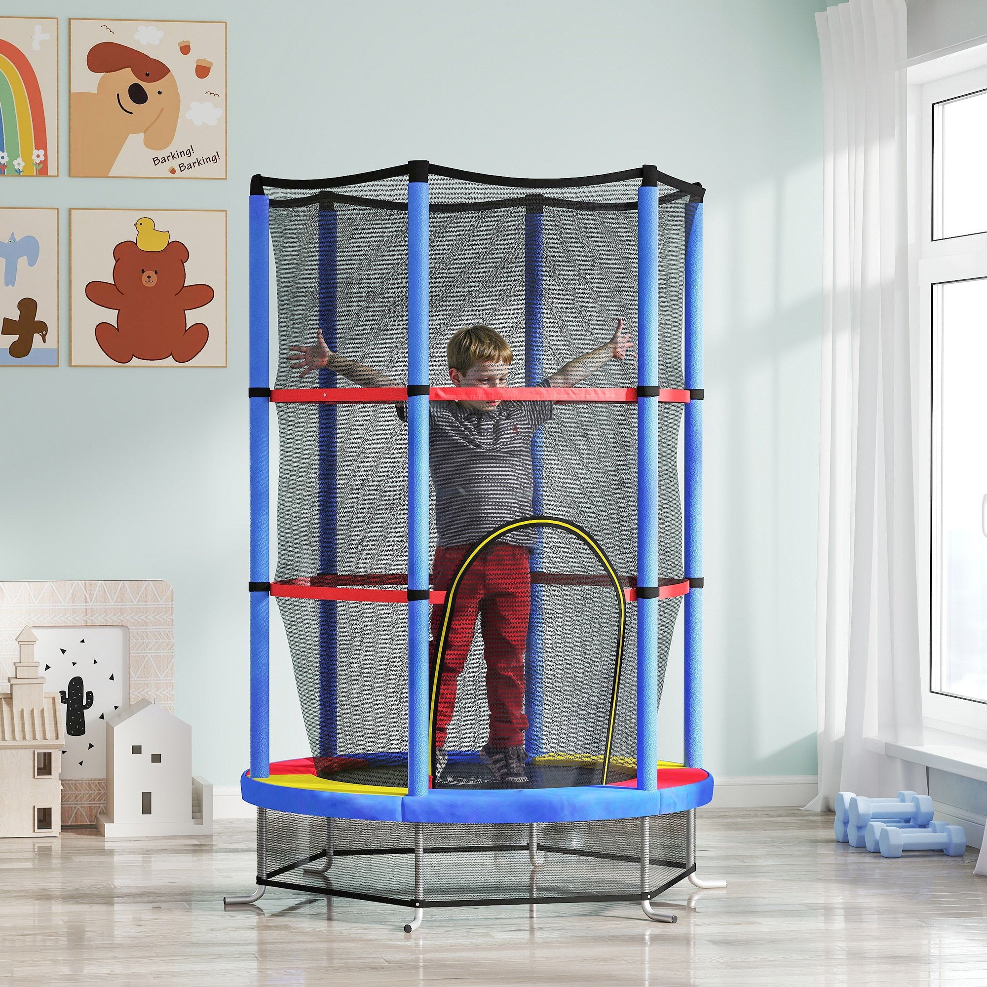 HOMCOM Kids Trampoline, with Enclosure Net, Steel Frame, for Ages 3-6 Years - MultiColoured 