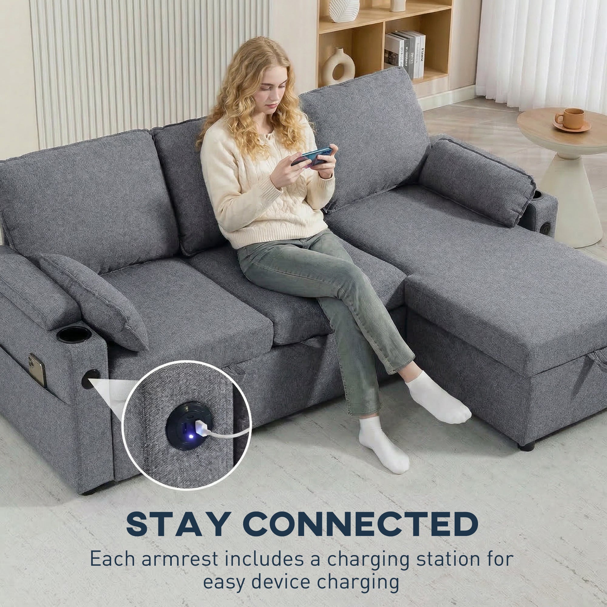 HOMCOM Corner Sofa Bed, L Shaped Sleeper Sectional Sofa with Reversible Storage Chaise, Grey 