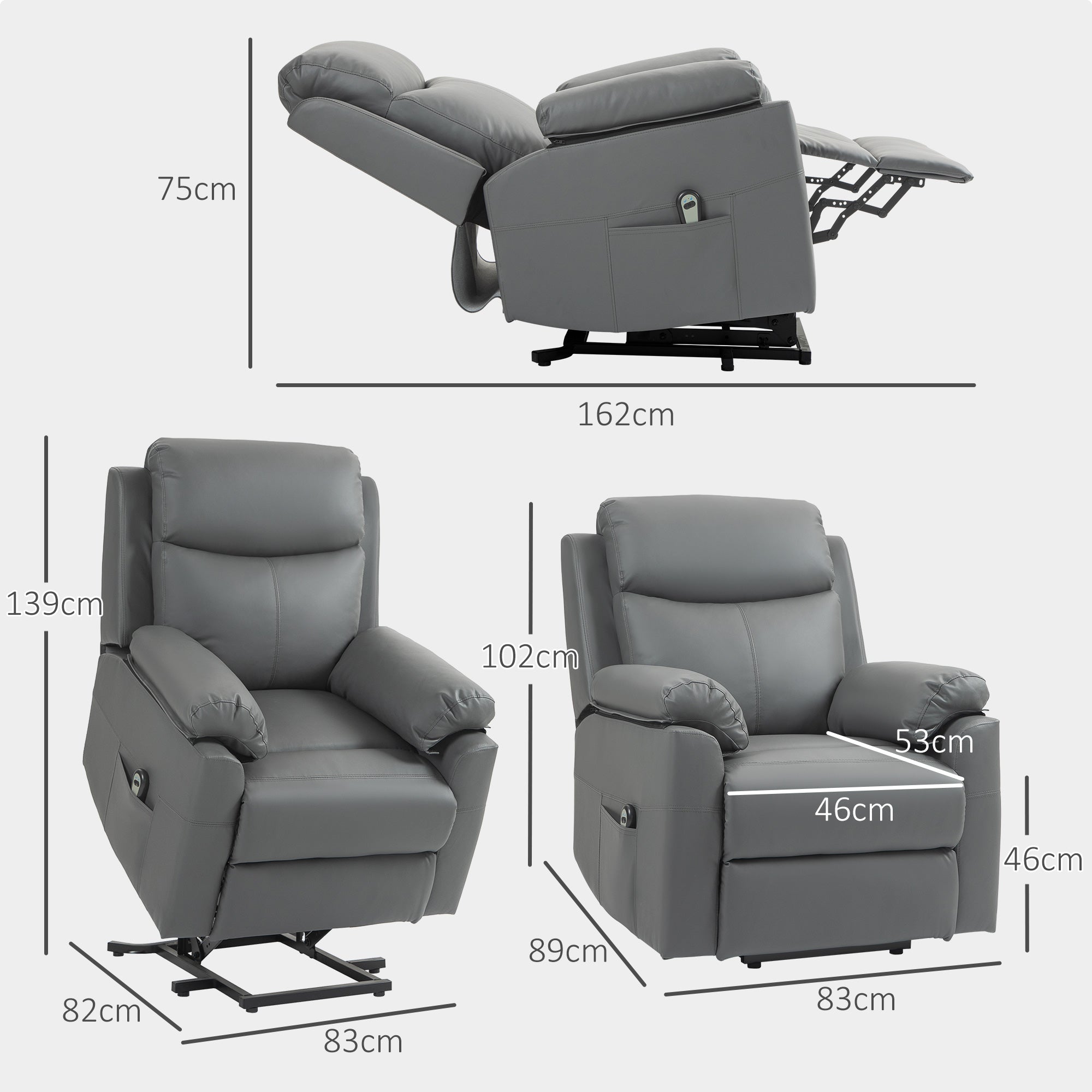 HOMCOM Faux Leather 70\'c2\'b0 Electric Riser Recliner Chair, Charcoal Grey 