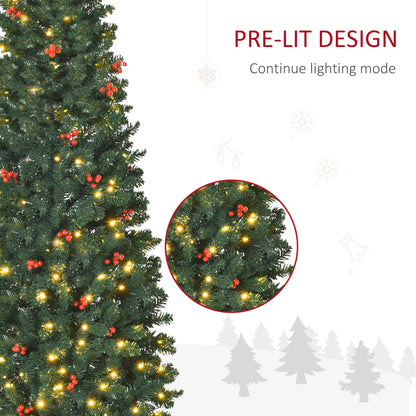HOMCOM 6FT Prelit Artificial Pencil Christmas Tree with Warm White LED Light, Red Berry, Holiday Home Xmas Decoration, Green 