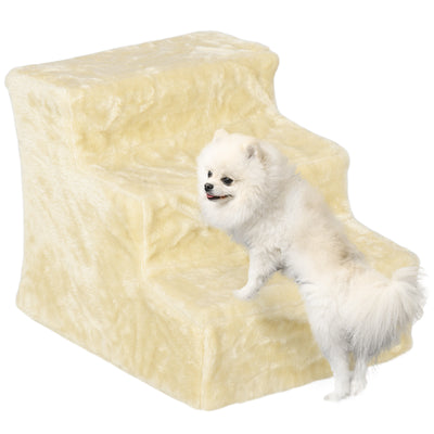 PawHut Three-Step Dog Stairs, with Washable Plush Cover, for High Bed Sofa, Dog Stairs for Small Dog and Cat - Beige 
