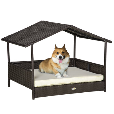 PawHut Wicker Dog House, Rattan Pet Bed, with Removable Cushion, Canopy, for Small and Medium Dogs - Cream 