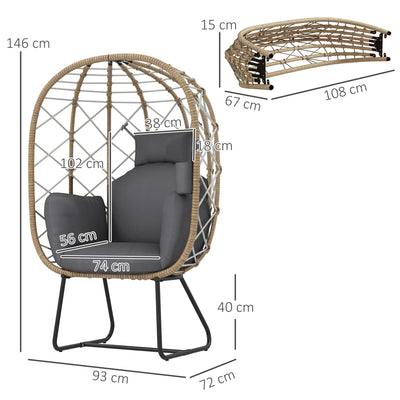 Outsunny Rattan Egg Chair Outdoor Indoor Wicker Chair with Thickened Cushion and Headrest, Standing Garden Egg Chair with Cup Holder, Metal Frame for Patio, Balcony, Brown 