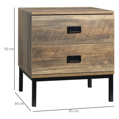 HOMCOM Retro Bedside Table, End Side Table with 2 Drawers, Metal Frame for Bedroom, Living Room, Set of 2, Coffee 