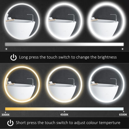 kleankin Round Bathroom Mirror with LED Lights, Wall Mount Dimmable Makeup Mirror with 3 Temperature Colours, Defogging Film and Memory Function, Frameless, Hardwired, 70 x 70\'c2\'a0cm