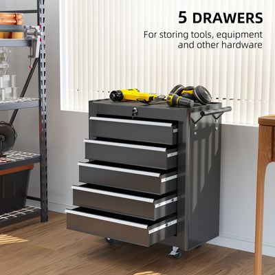 HOMCOM 5-Drawer Tool Chest with Wheels, Steel Lockable Tool Storage Cabinet with Handle, 2 Keys for Garage, Workshop, Black 