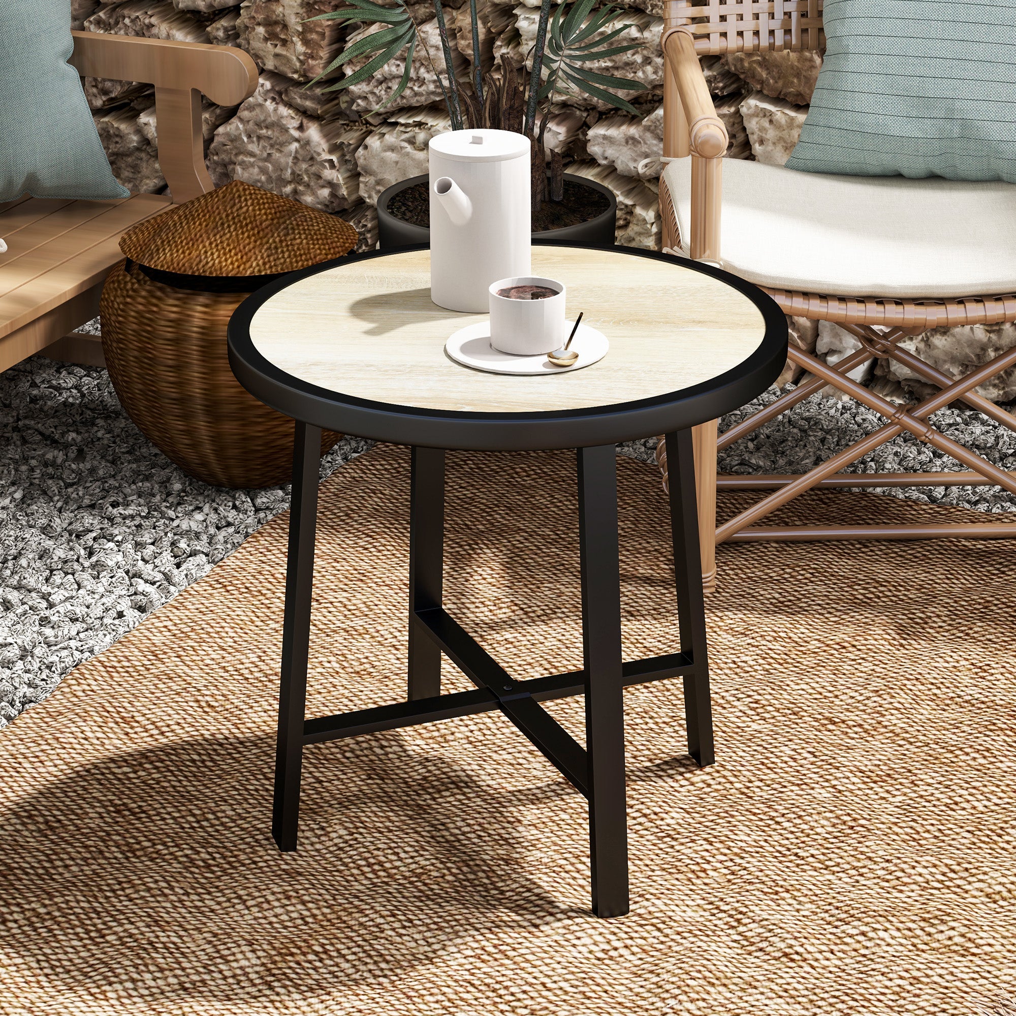 Outsunny Round Small Garden Table, 50.5cm Outdoor Side Table with SPC Tabletop, Metal Frame and Anti-slip Foot Pads for Garden, Balcony, Nature Wood Finish 