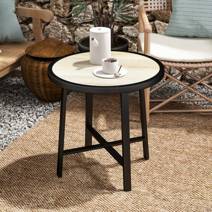 Outsunny Round Small Garden Table, 50.5cm Outdoor Side Table with SPC Tabletop, Metal Frame and Anti-slip Foot Pads for Garden, Balcony, Nature Wood Finish 