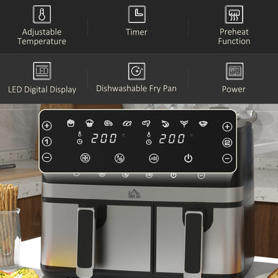 HOMCOM 8.5L Dual Basket Air Fryer, with Sync and Multi-Menu Cooking 