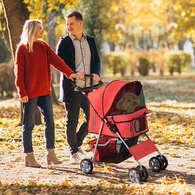 PawHut Pet Stroller for Small Miniature Dogs Cats Foldable Travel Carriage with Wheels Zipper Entry Cup Holder Storage Basket Red 