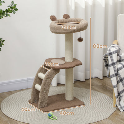 PawHut Cat Tree for Indoor Cats, 88cm Cat Tower with Sisal Scratching Post, Hanging Ball, Large Cat Perch, Stairs, Brown 