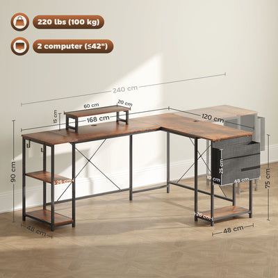 HOMCOM 168cm Reversible L Shaped Desk, Industrial Corner Computer Desk with Adjustable Shelf and Storage Bag, 240cm 2 Person Desk with Monitor Stand, Rustic Brown 