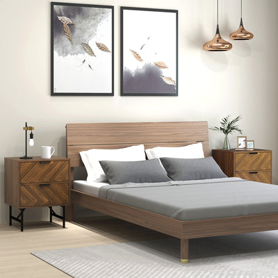 HOMCOM Bedside Table Set of 2 with 2 Drawers, Modern Side Tables with Herringbone Pattern and Metal Legs for Bedroom, Living Room, Walnut Brown 