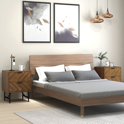 HOMCOM Bedside Table Set of 2 with 2 Drawers, Modern Side Tables with Herringbone Pattern and Metal Legs for Bedroom, Living Room, Walnut Brown