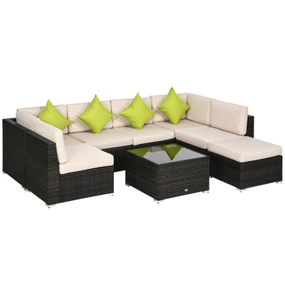 Outsunny 7-Seater PE Rattan Corner Sofa Set, Garden Furniture Set, Patio Wicker Sofa Seater w/ Cushion, Washable Cushion Cover & Tempered Glass Table, Brown 