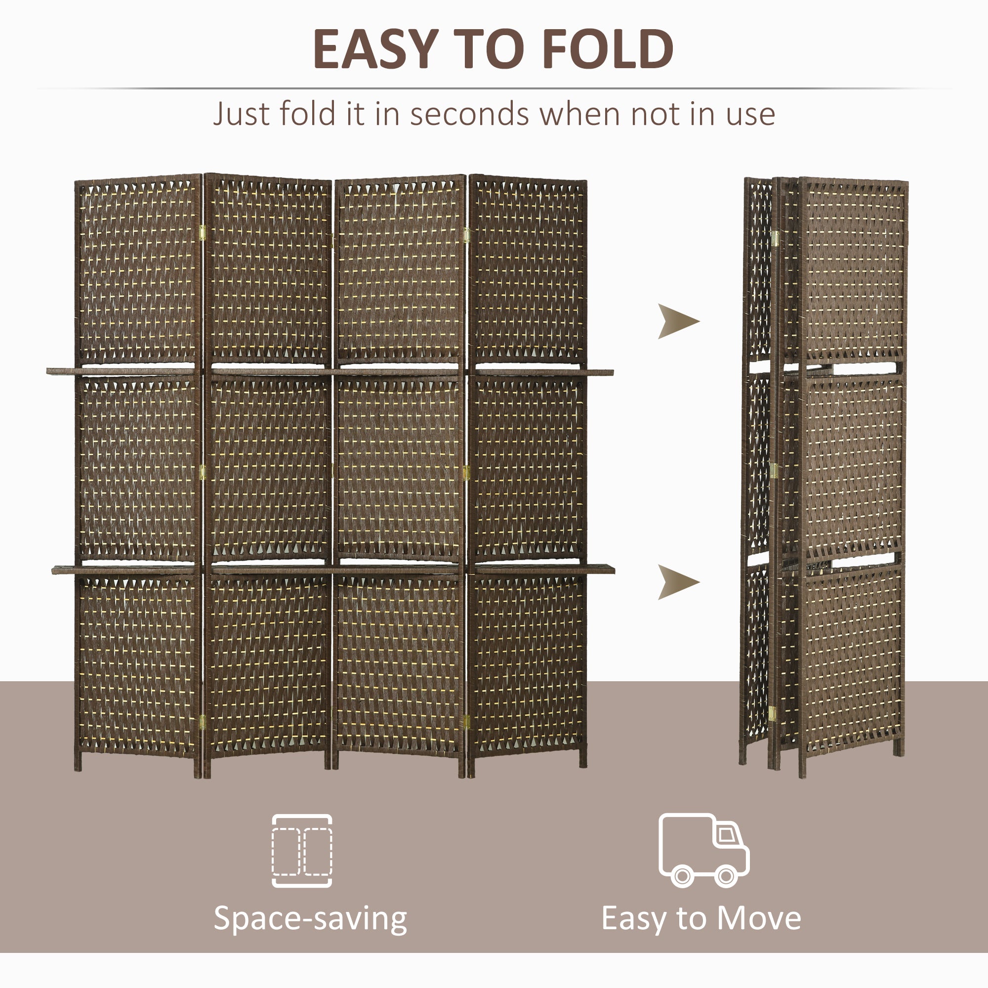 HOMCOM 4-Panel Room Dividers with Shelves, Wave Fibre Freestanding Folding Privacy Screen Panels, Partition Wall Divider for Indoor Bedroom Office, 180\'c2\'a0cm, Brown 