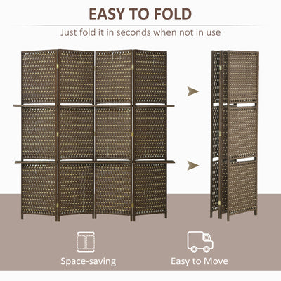HOMCOM 4-Panel Room Dividers with Shelves, Wave Fibre Freestanding Folding Privacy Screen Panels, Partition Wall Divider for Indoor Bedroom Office, 180\'c2\'a0cm, Brown 