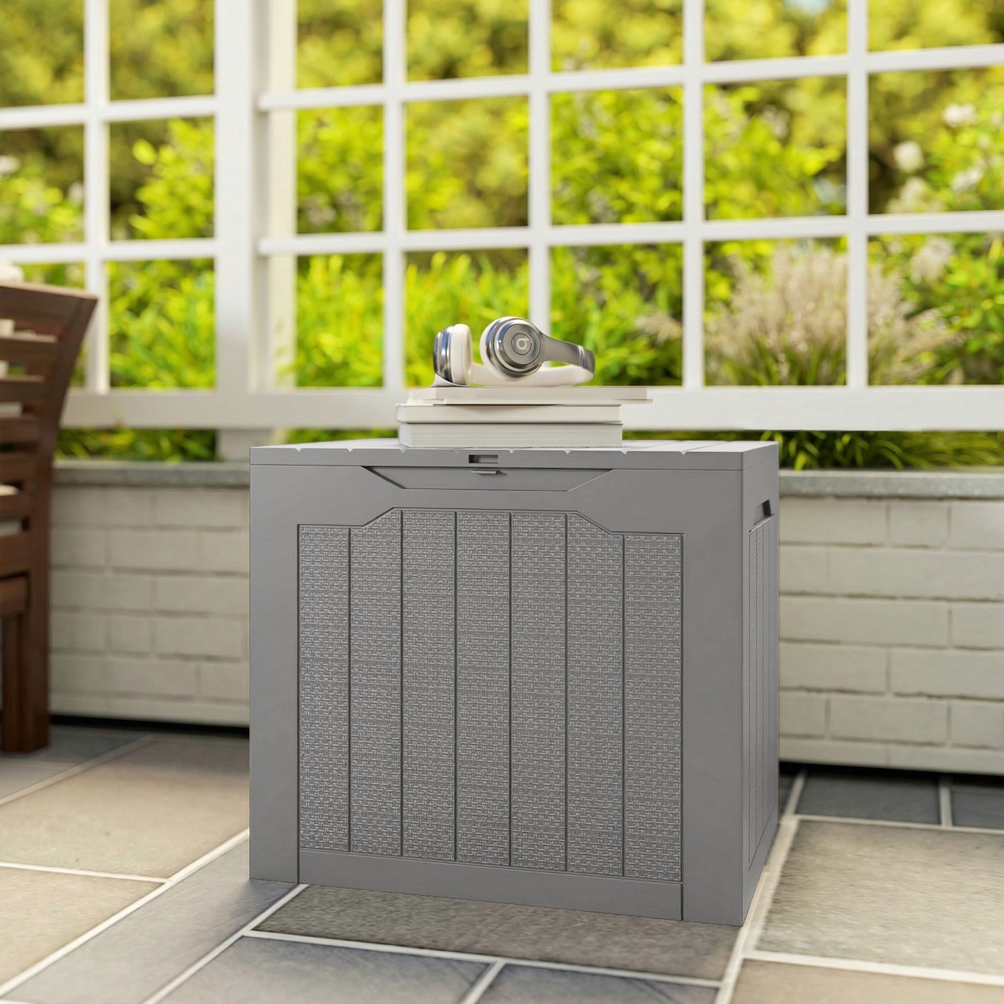 Outsunny 93L Plastic Garden Storage Box, Outdoor Storage Box with Handles, Waterproof Outdoor Storage Container, Khaki 