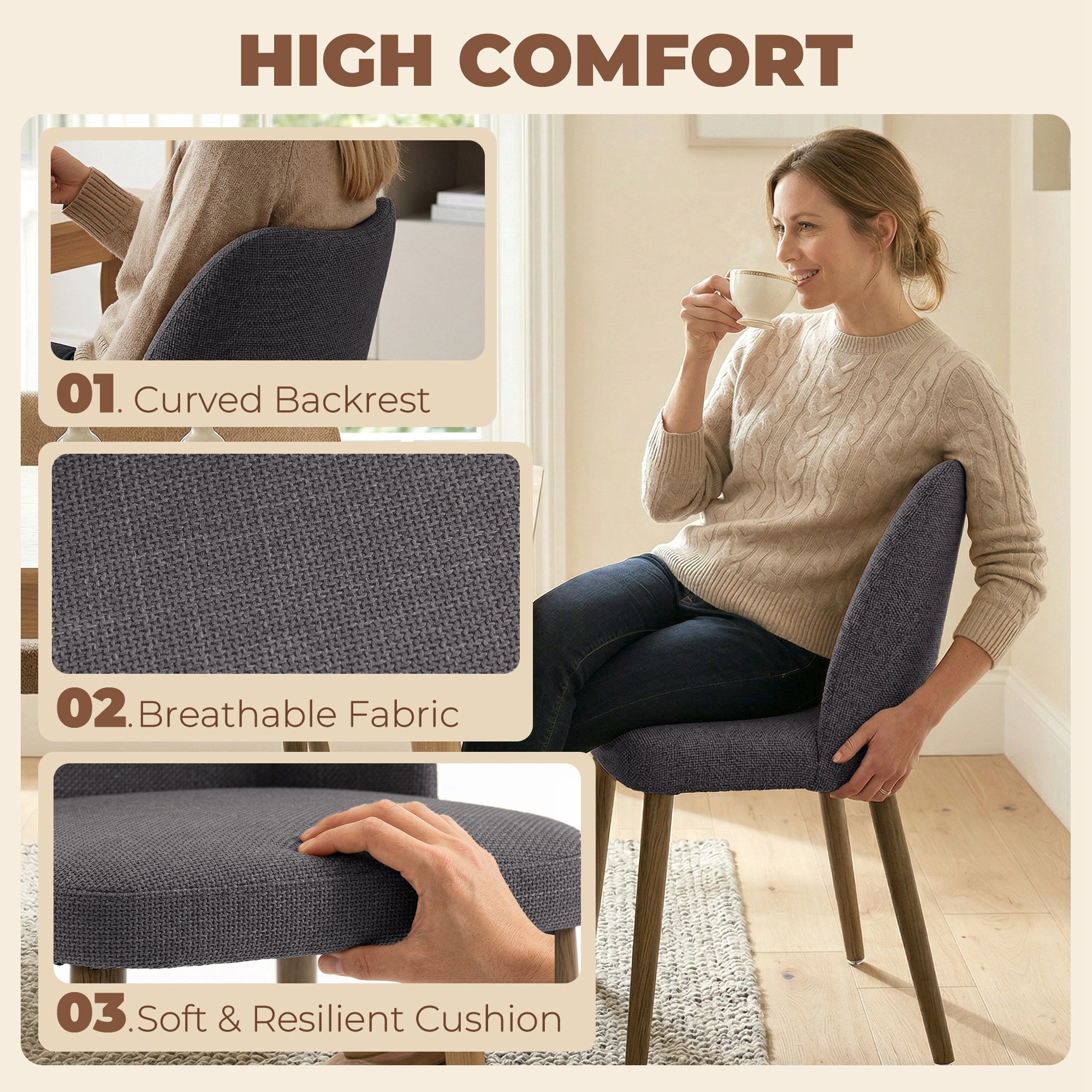 HOMCOM Dining Chairs Set of 2, Linen Upholstered Kitchen Chairs with Padded Seat, Curved Backrest, Rubberwood Legs, Dark Grey 
