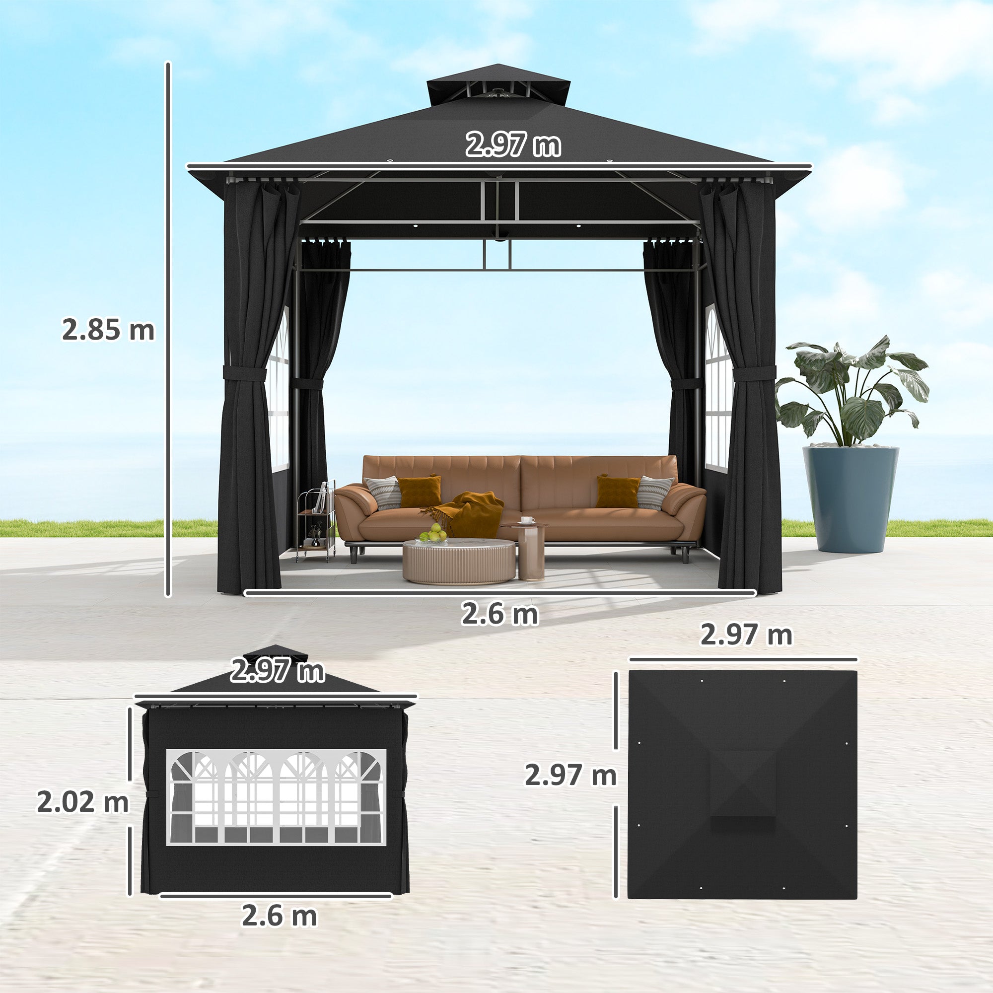 Outsunny 3 x 3 m Garden Gazebo, Double Roof Metal Gazebo with Removable Sidewalls and Church Windows, Outdoor Canopy Shelter, Black 