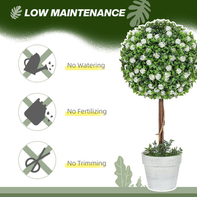 HOMCOM Set of 2 Decorative Artificial Plants, Ball Topiary Tree with Rose Flower in Pot, Fake Plants for Home Indoor Outdoor Decor, 60cm, White 