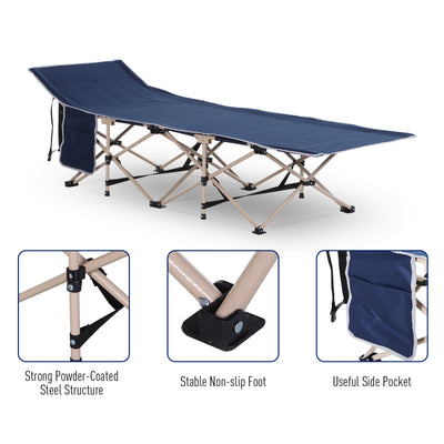 Outsunny Single Person Camping Bed Folding Cot Outdoor Patio Portable Military Sleeping Bed Travel Guest Leisure Fishing with Side Pocket and Carry Bag - Blue 