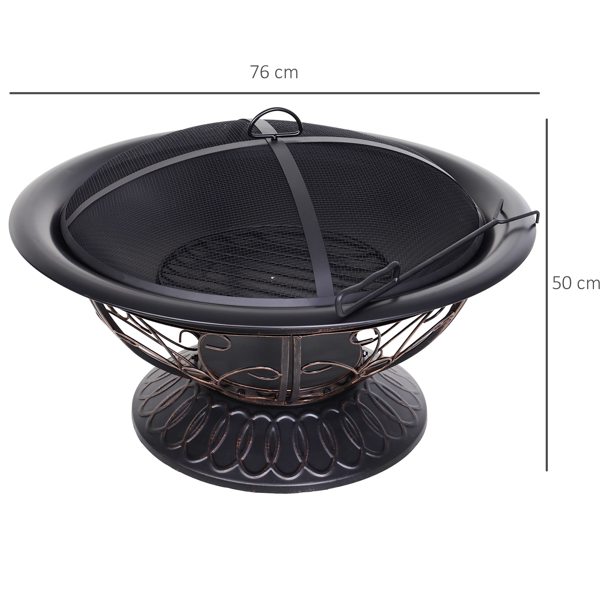 Outsunny Metal Large Firepit Bowl Outdoor Round Fire Pit Brazier w/ Lid, Log Grate, Poker, Elegant Scrolls for Backyard, Camping, Bonfire, Wood Burning Stove, 76 x 76 x 50cm, Black