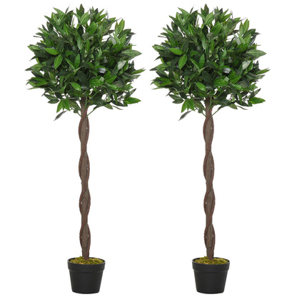 Outsunny Set Of 2 120cm/4FT Artificial Bay Laurel Topiary Trees w/ Pot Fake Indoor Outdoor Greenery Plant Home Office Garden Decor Green 