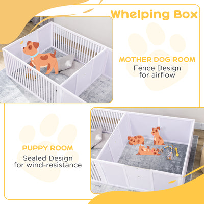 PawHut 7 Panels Playpen with 3 Doors for Baby Dogs, Two-Room Design Puppy Whelping Box - White 