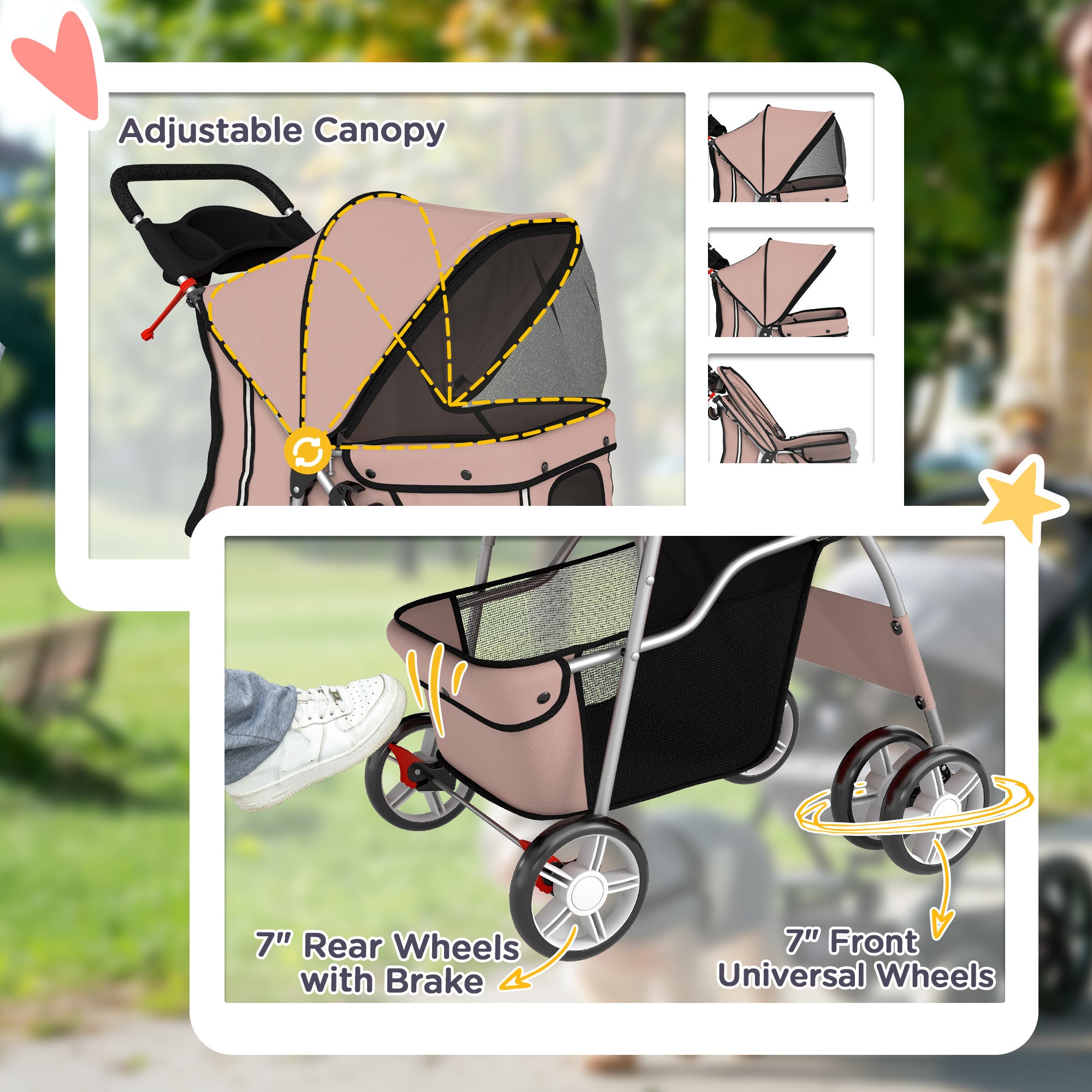 PawHut Dog Pram, Pet Stroller with Reflective Strips, Foldable Cat Stroller with 360° Swivel Wheels, Brown 