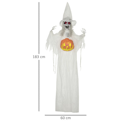 HOMCOM 6ft Outdoor Halloween Decoration Witch with Pumpkin, Standing Skeleton Witch Prop Life Size with Sound and Motion Activated, Light Up Eyes, Laughing Sound, Posable Arms, White 