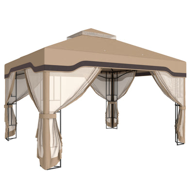 Outsunny 3 x 3.6 m Outdoor Garden Gazebo with Post Shelves, UPF50+ Patio Permanent Pavilion with Hook, Khaki 
