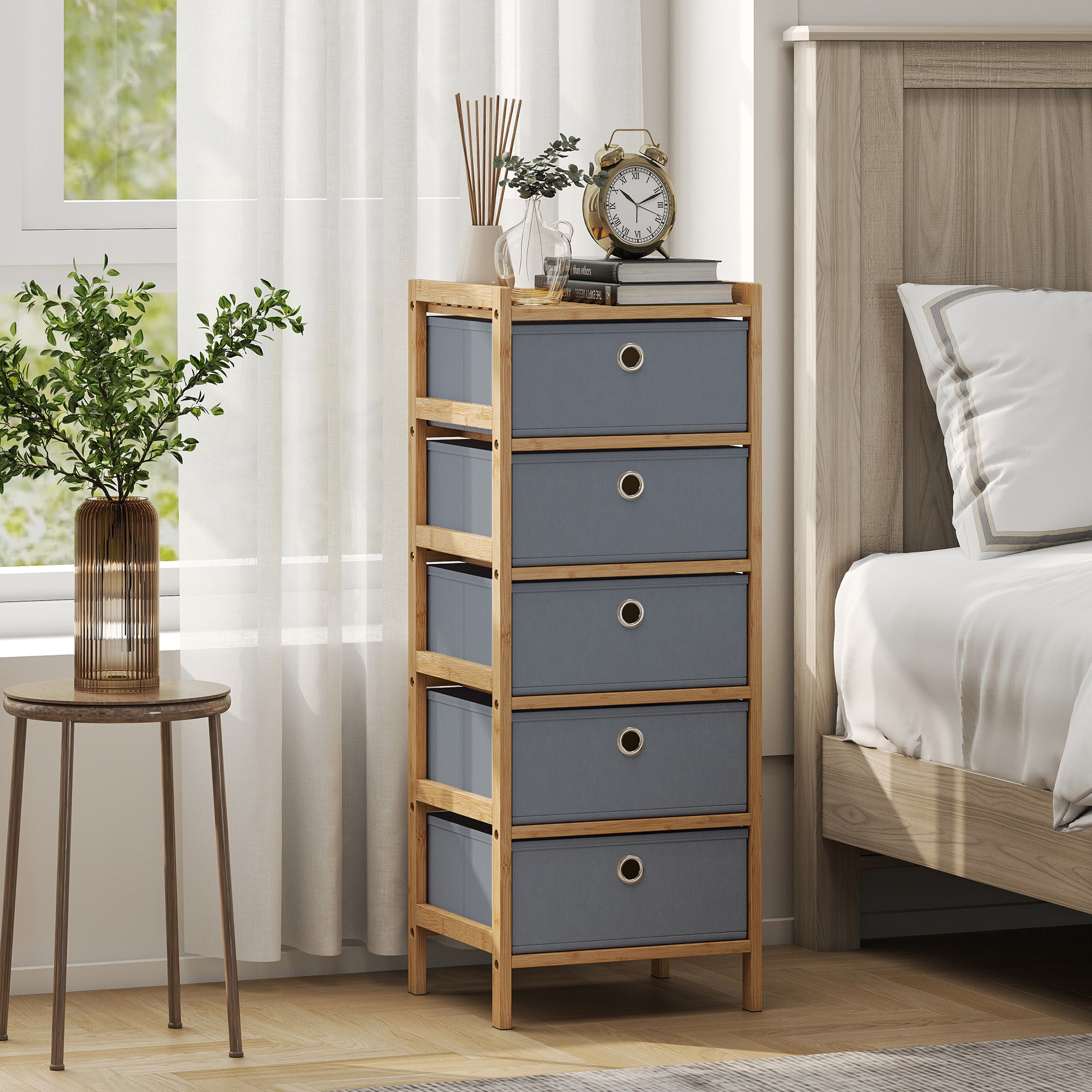 HOMCOM Chest of Drawers, 5 Fabric Drawers Narrow Dresser with Bamboo Frame, Light Grey 