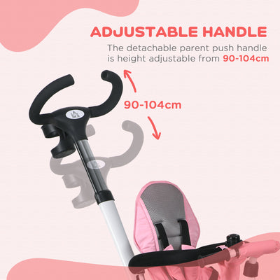 HOMCOM Metal Frame 6 in 1 Baby Push Tricycle with Parent Handle for 1-5 Years Old, Pink 