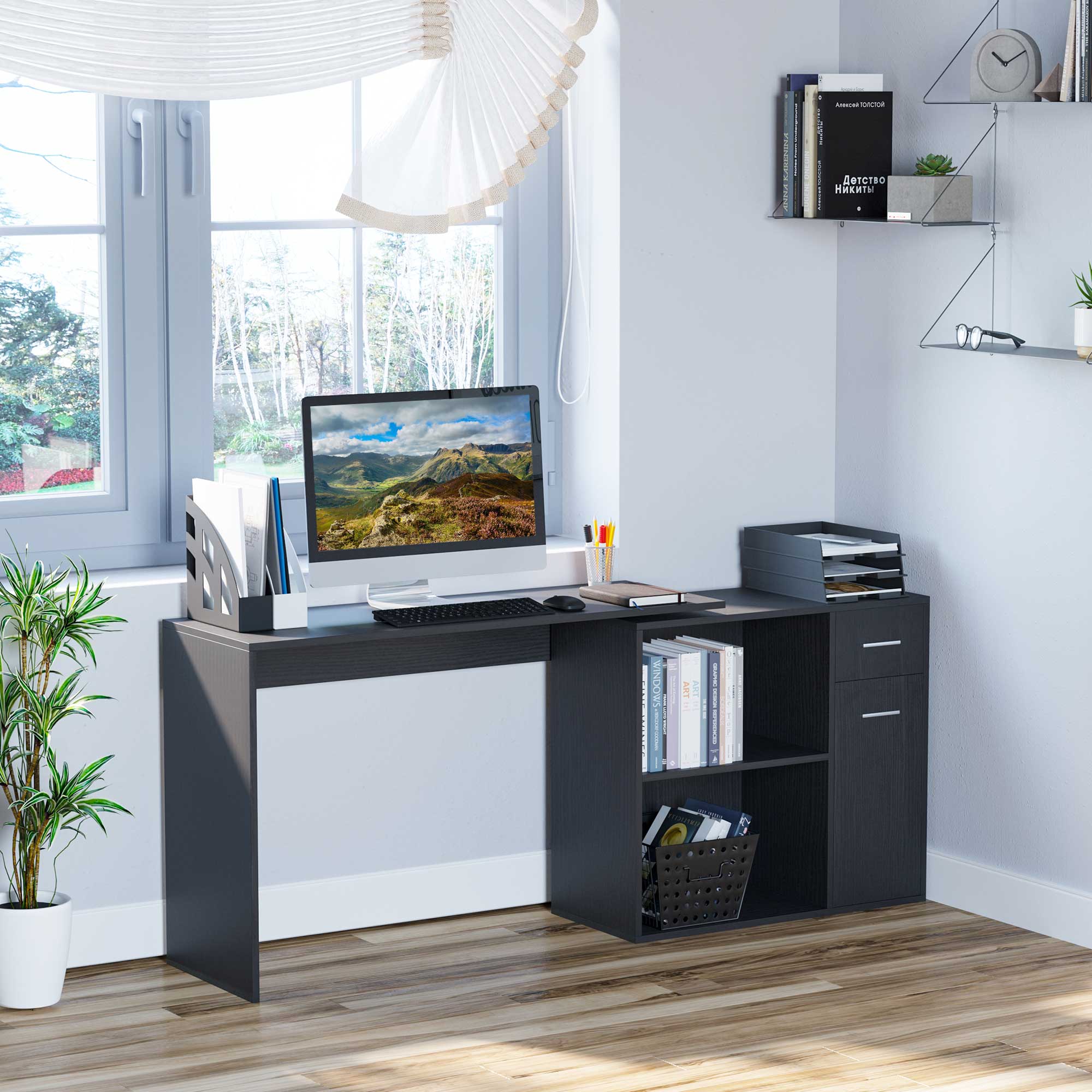 HOMCOM L-Shaped Desk, Corner Computer Desk, Adjustable Study Table with Storage Shelf, Drawer and Cabinet, Workstation for Home Office, Black Wood Grain 