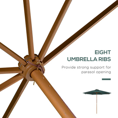 Outsunny 3(m) Wooden Patio Umbrella, Pulley Operated Garden Parasol with Rope Pulley Mechanism and 8 Ribs, Dark Green 