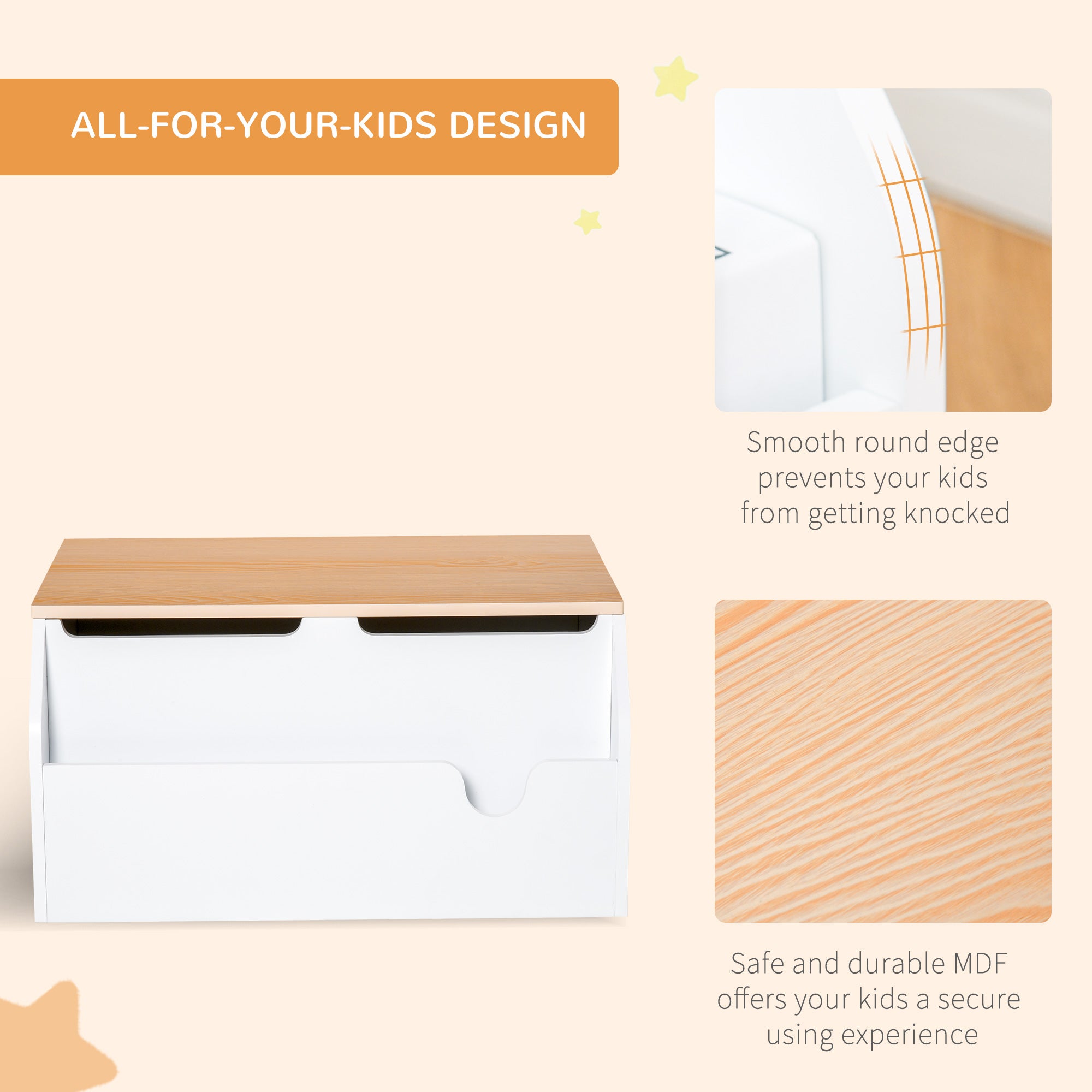HOMCOM Wooden Kids Toy Box Children Storage Chest Organiser Book Slot Safety Hinge Playroom Furniture White 