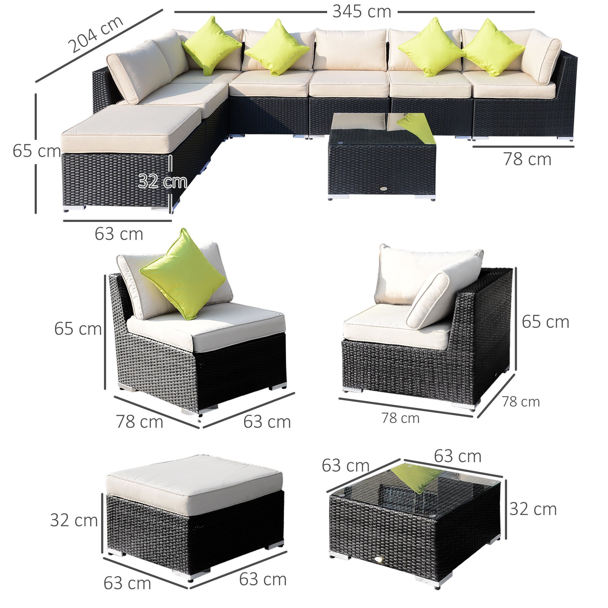Outsunny 8 Pieces PE Rattan Corner Sofa Set with Thick Cushions, Aluminium Outdoor Rattan Garden Furniture Set with Glass Top Table, No Assembly Required, Black 