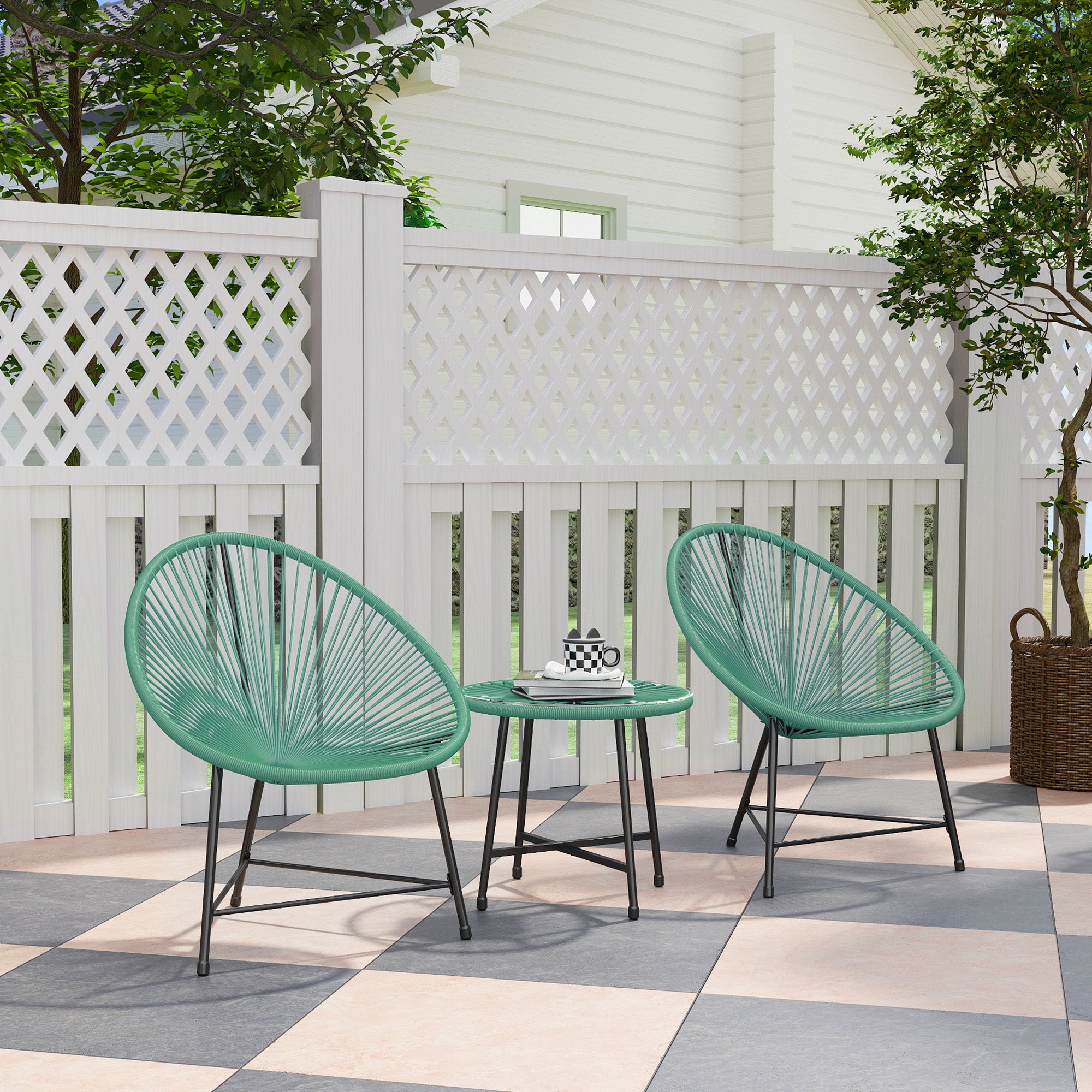 Outsunny Rattan Bistro Set with Acapulco Chairs and Glass Table, Green 