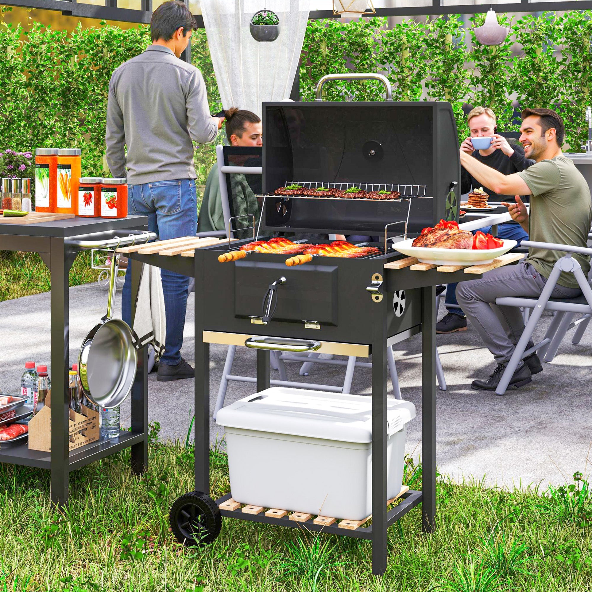 Outsunny Charcoal BBQ Grill with Height Adjustable Charcoal Pan, Portable Barbecue Smoker with Warming Rack, 3 Shelves, Temperature Gauge, Wheels, Bottle Opener for Outdoor Cooking Garden Party 