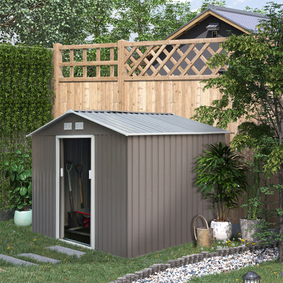 Outsunny 9 x 6FT Outdoor Garden Roofed Metal Storage Shed Tool Box with Foundation Ventilation & Doors Light, Grey 