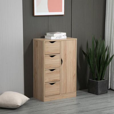 HOMCOM Bathroom Cabinet, Freestanding Storage Cabinet with 4 Drawers, Door Cupboard for Living Room, Kitchen, Bedroom, Natural 