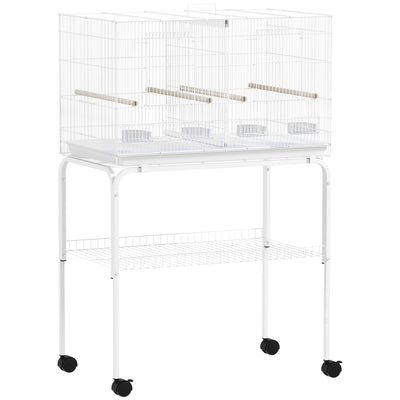 PawHut Bird Cage with Divider, 4 Wooden Perches, Slide Out Tray, 4 Feeders, for Budgie, Lovebird, Canary, 76 x 46 x 116cm White 