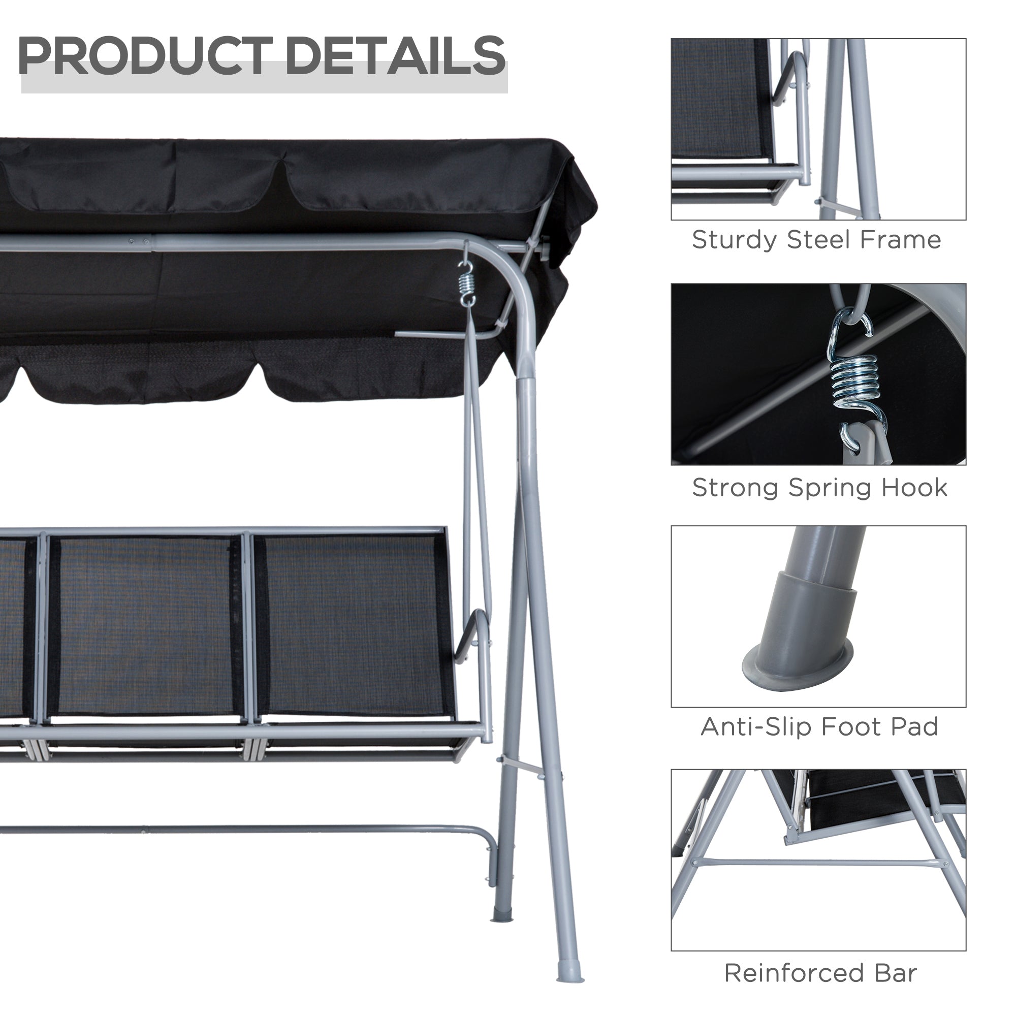 Outsunny Outdoor 3-Seater Swing Chair-Black 