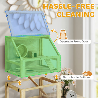 PawHut Wooden Hamster Cage with Detachable 32cm Deep Bottom, Hut, Seesaw, Exercise Wheel, Ramps, 60 x 40 x 75cm 